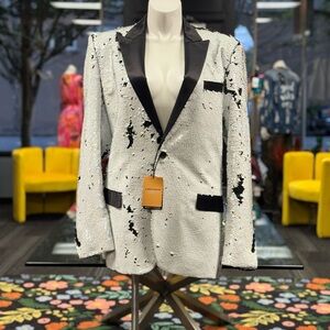 Elegant White Sequin Blazer with Black Trim